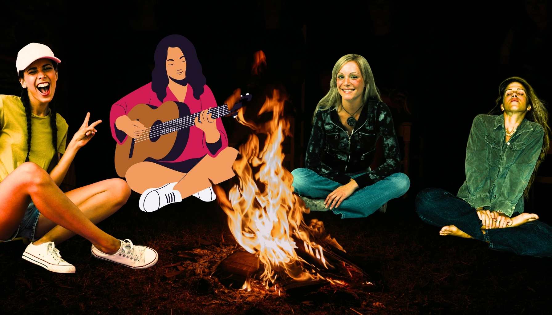 People sitting at a campfire listing to a musician play his guitar