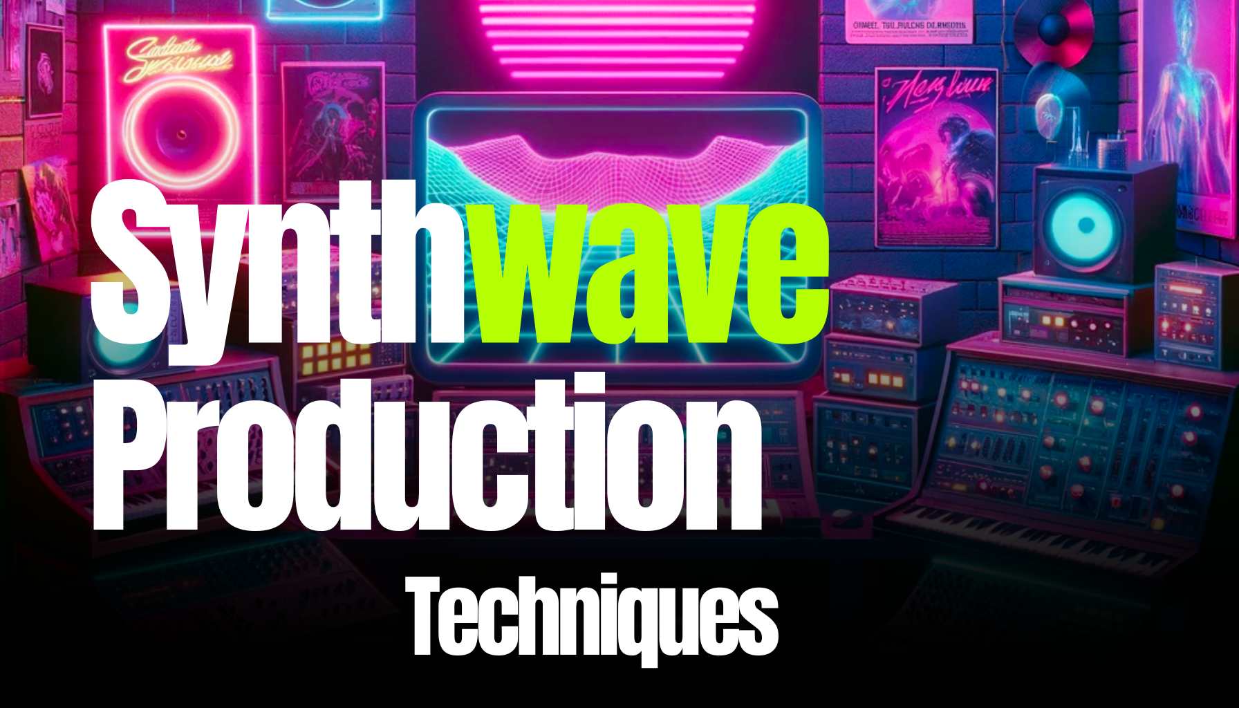 a retro style image of a room featuring Synthwave Production Techniques, equipment, and audio gear