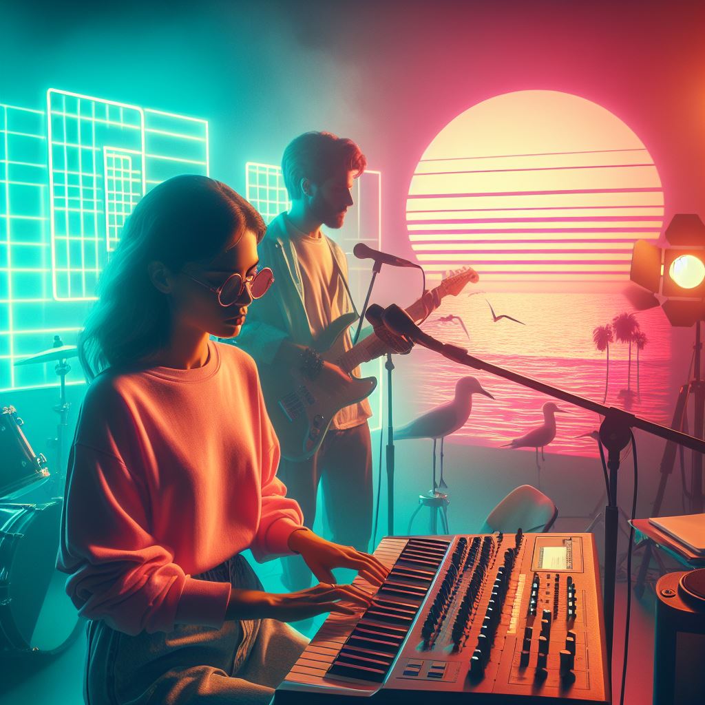 a female synthwave producer is producing chords.