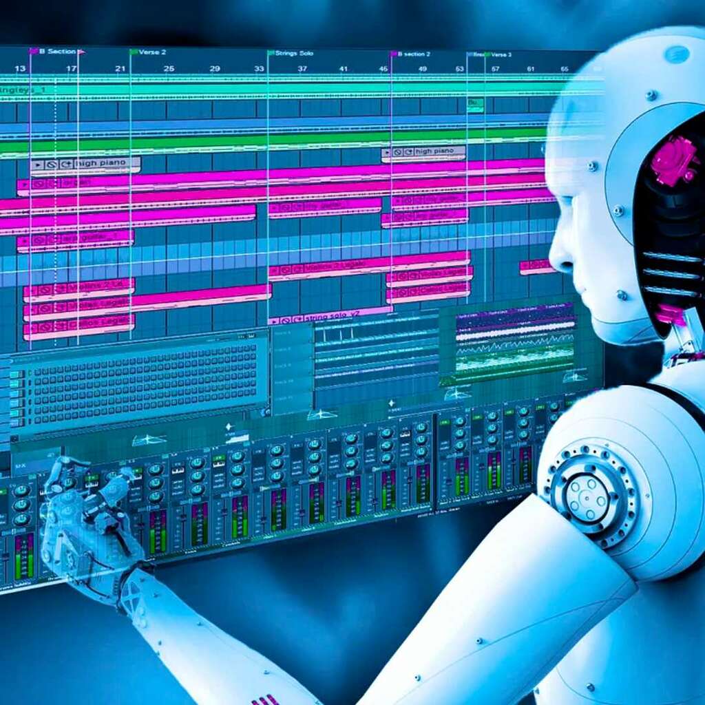 ai robot moving levers on a digital daw screen