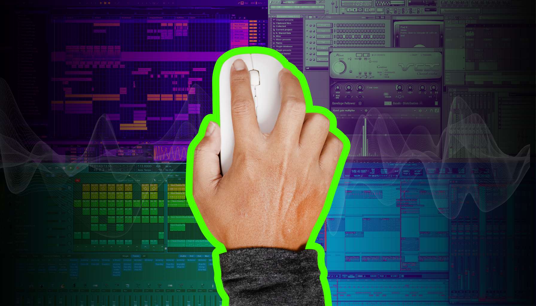 Comprehensive list and review of the only digital audio workstation software worth using for musicians with a Mac user clicking a mouse in front of sound waves