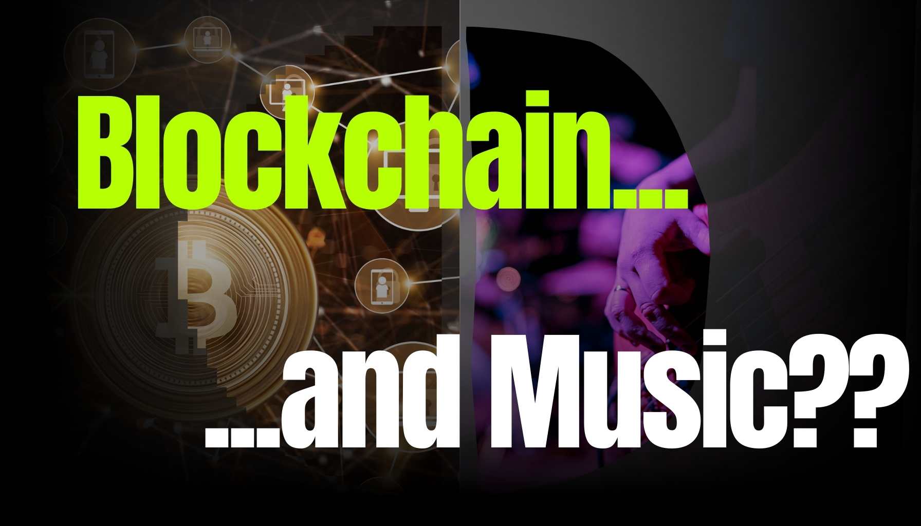 an image of various Cryptocurrencies and blockchain half and the other half a guitar strumming along some music