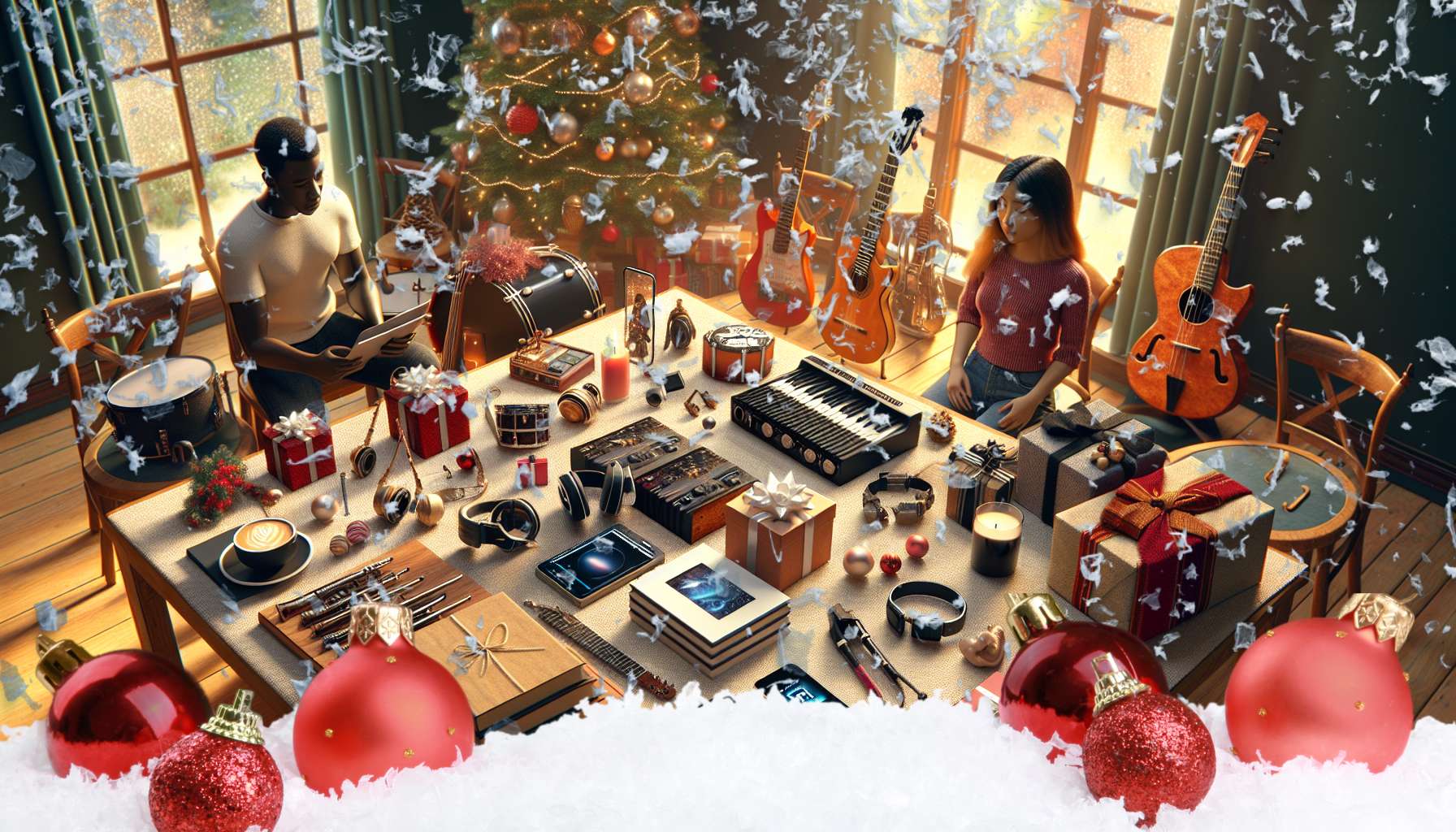 a musician couple sitting around looking at tons of musical instruments and gifts for Christmas on the table