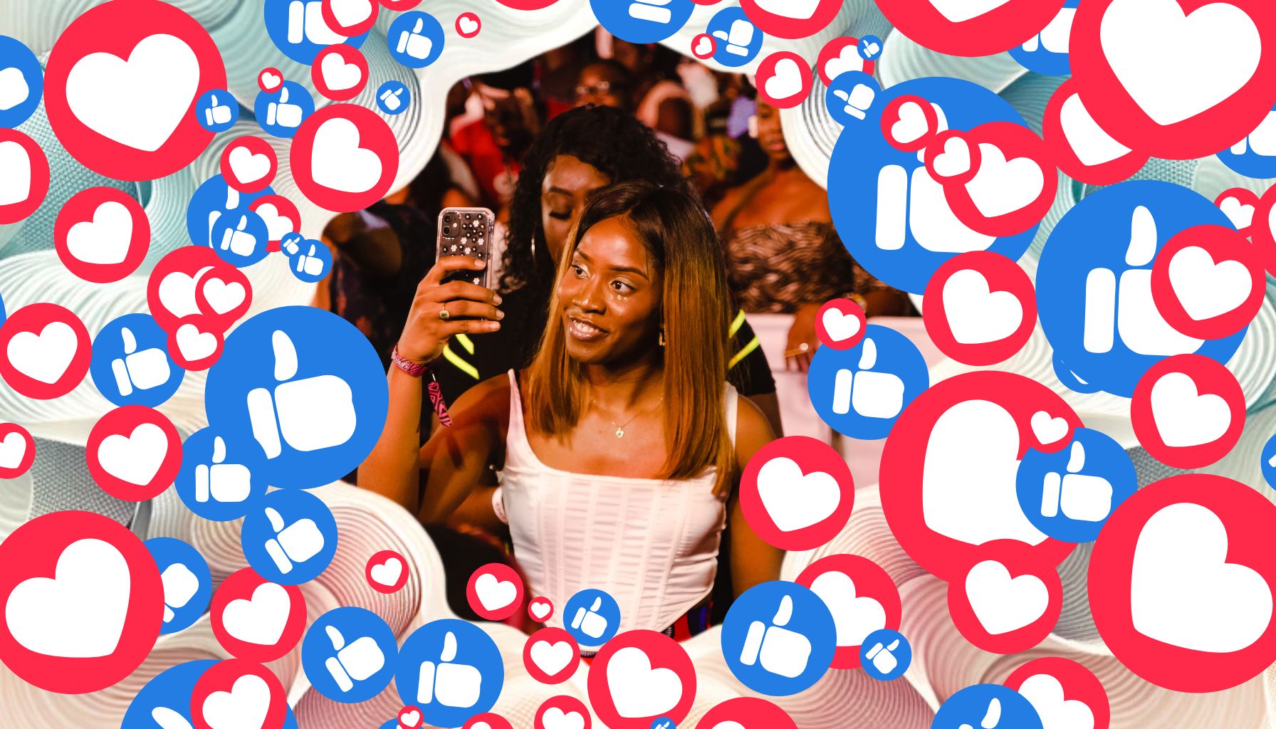 facebook likes, instagram hearts, and tiktok hearts cover up the image with a music fan focused in the middle live at a concert
