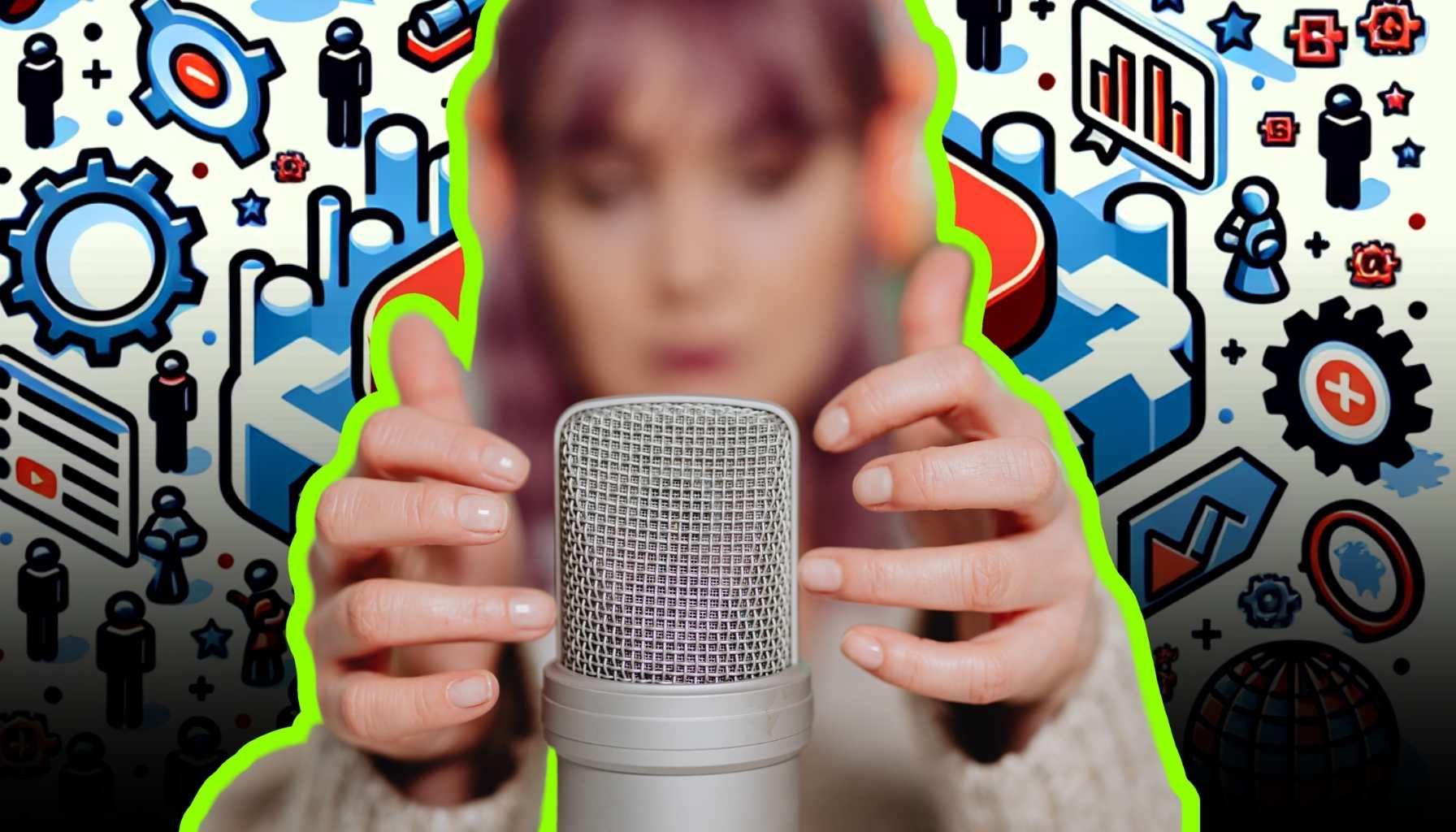 youtube ASMR creator in front of microphone making weird ASMR sounds for the internet on her Shure microphone