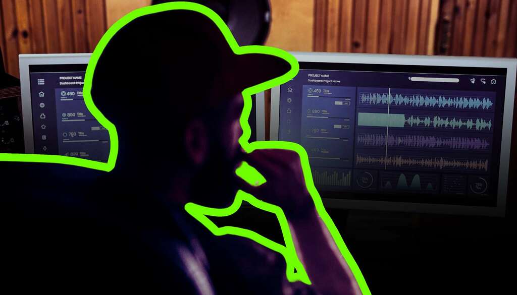 Music producer looks on as his Digital Audio Workstation computer on 2 monitors is running making him a hit Billboard music song