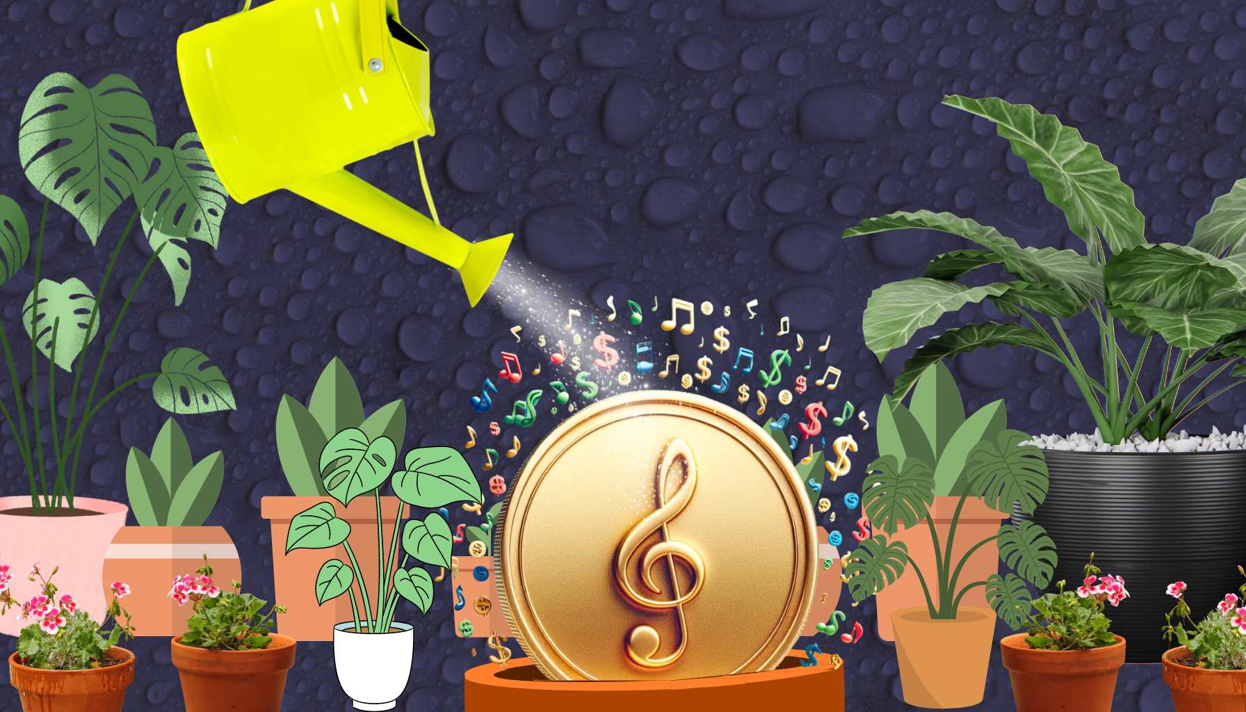 streams of water falling on potted plants and a centerpiece of a plant of music notes and money growing on its own