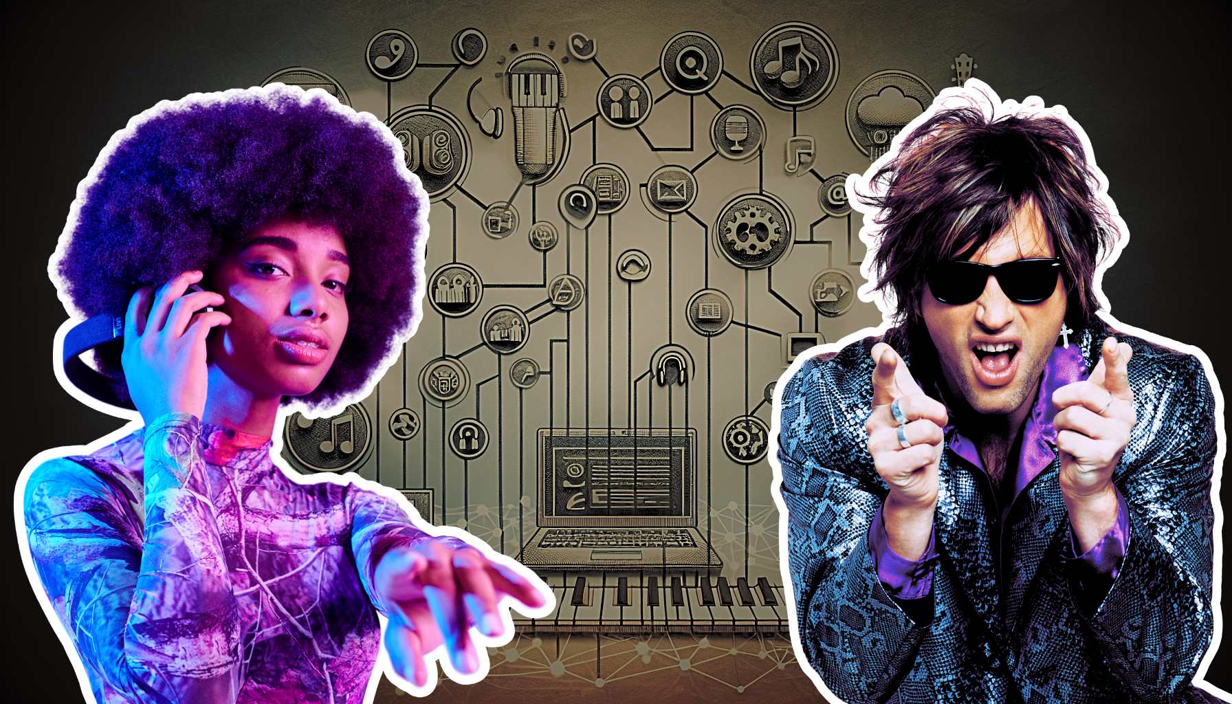 rnb singer and glam rocker point at you as a complex music networking layout is in the background