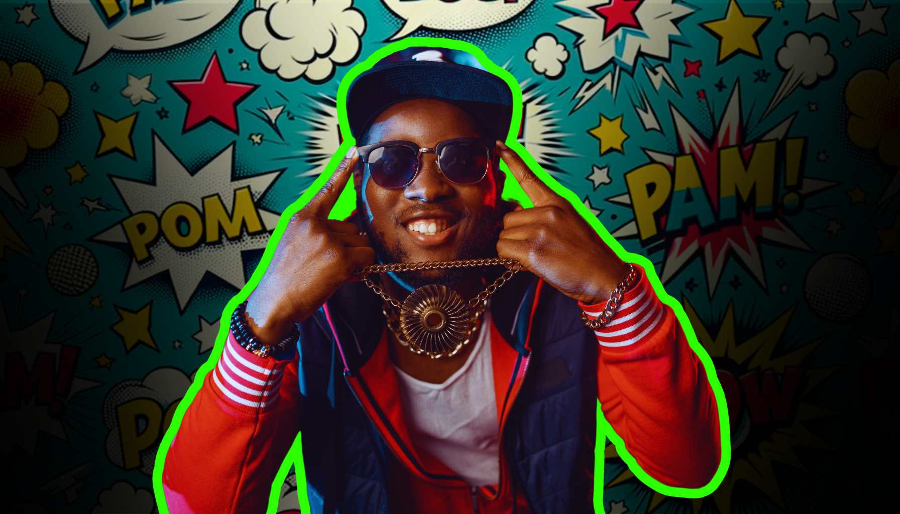 HipHop rapper holding his gold chain in front of a marketing and promotional banner background image for his TIkTok video shoot