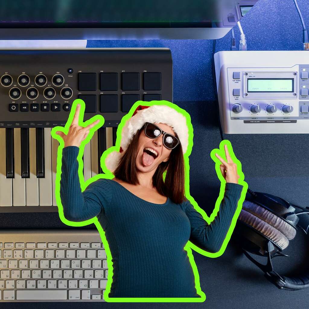 girl posing in front of music studio equipment, midi keyboard, effects, pro studio headphones