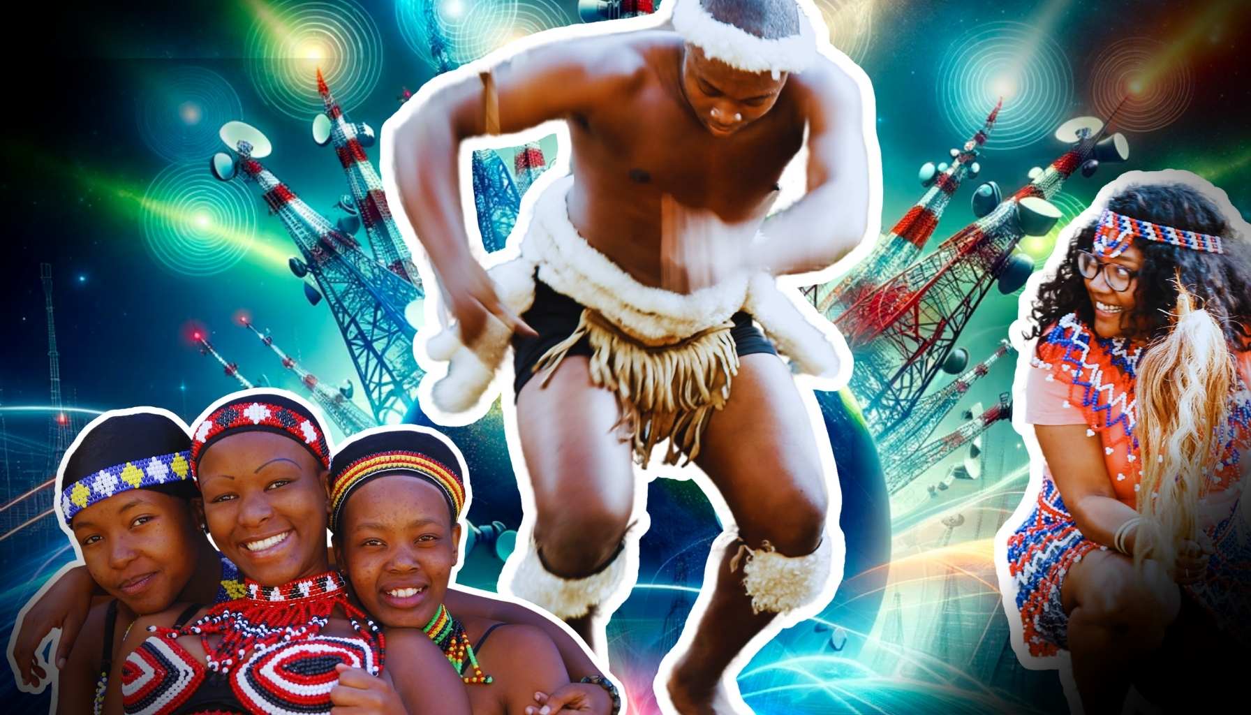 African Zulu warrior doing tribal dance, a local custom, as radio towers beam around the globe