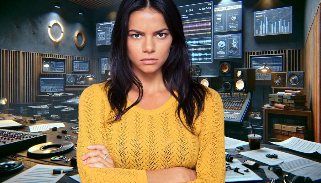 female music supervisor in front of a music sound room with gear and movie reels behind her