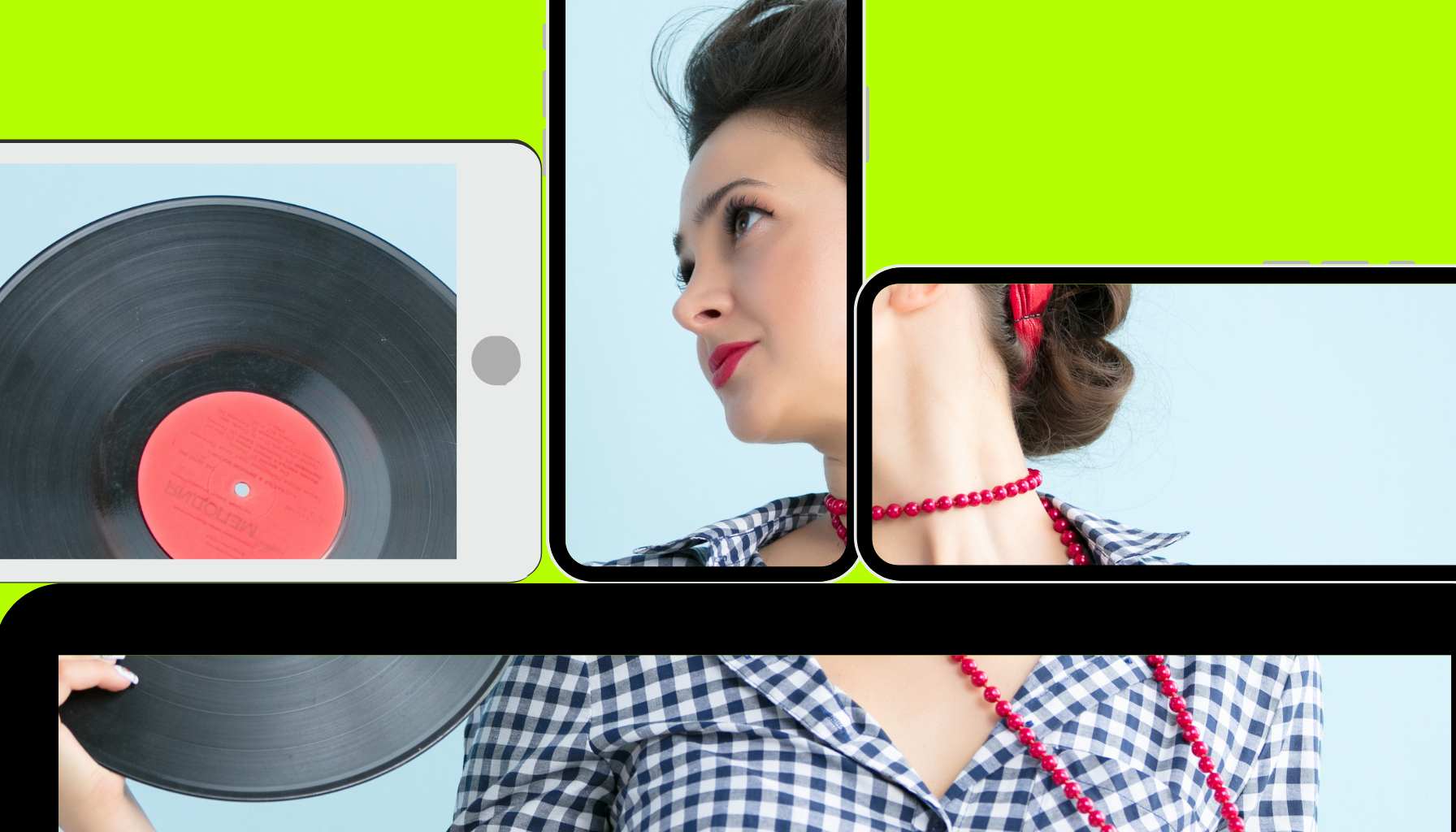 girl in a music ad on multiple mobile phone, table, and desktop screens, posing with a record. green background