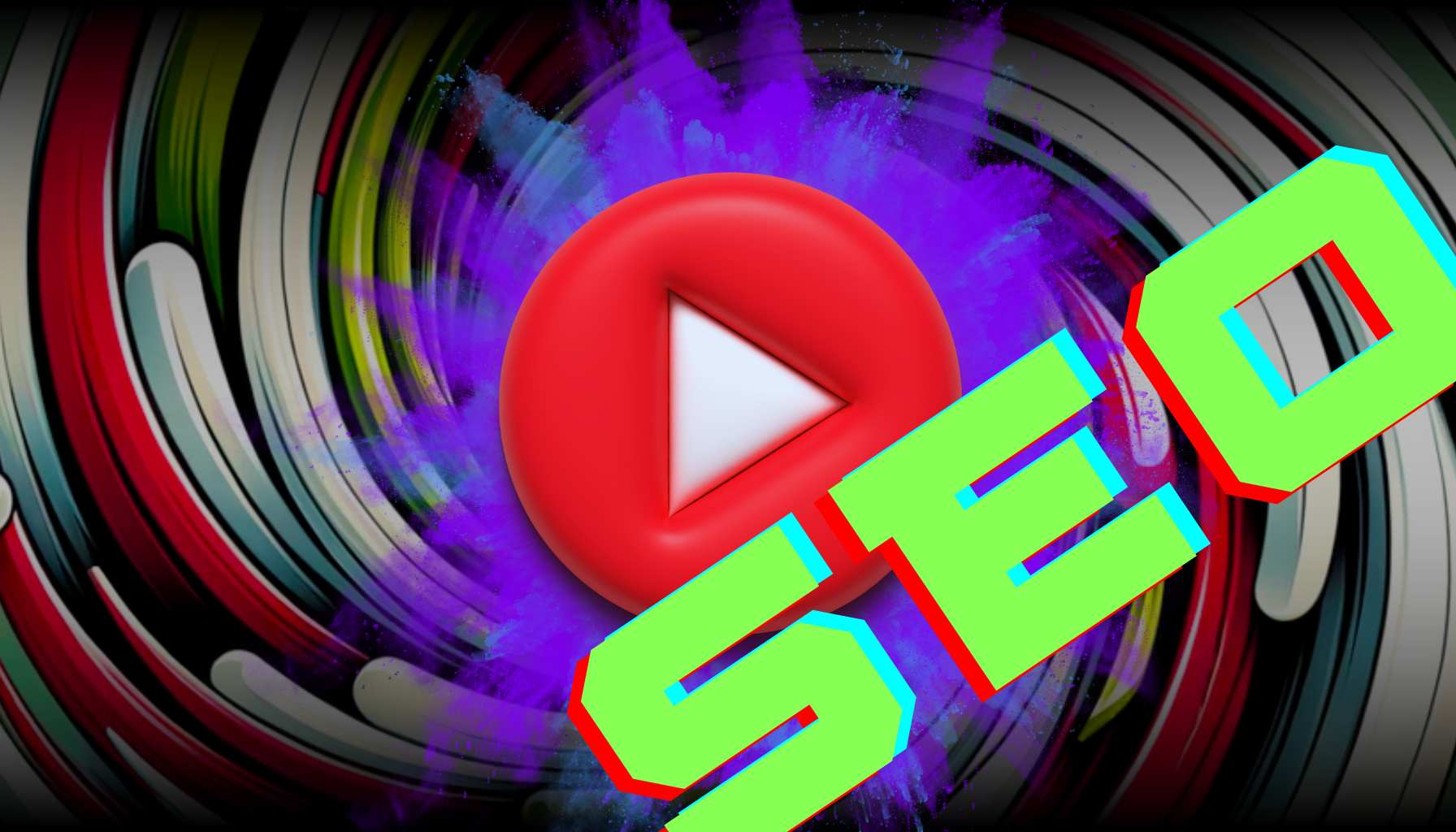 YouTube logo with a swirly background and the Letters SEO (for Search Engine Optimization marketing) on the screen