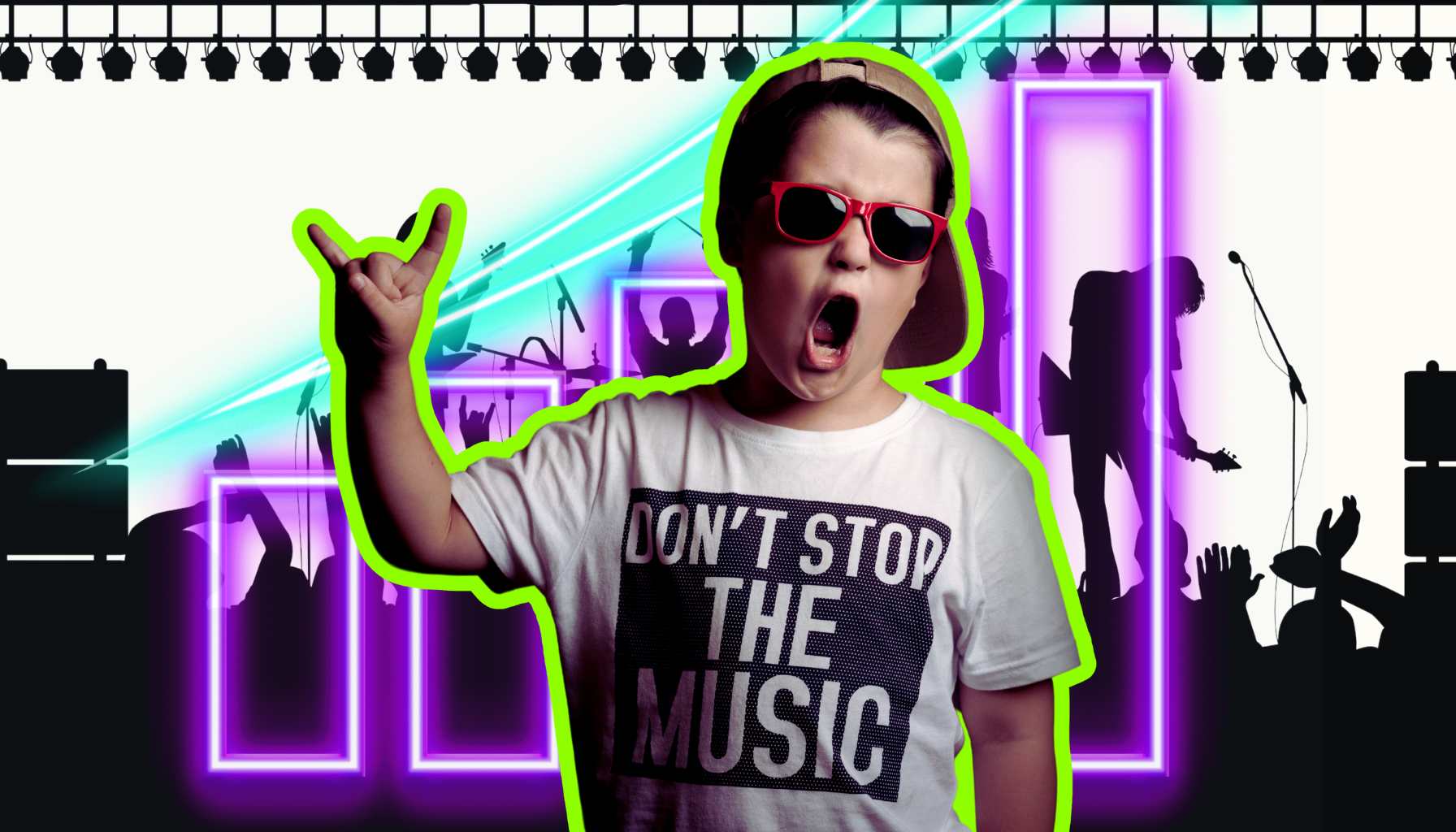 kid rocker with a can't stop the music t-shirt holding up rock on fingers in front of a silhouette rock band performing on stage