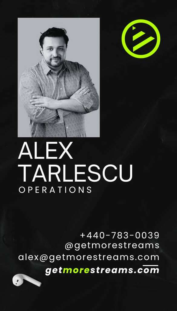 a business card depicting alex tarlescu, one of getmorestreams.com senior music marketing strategist.