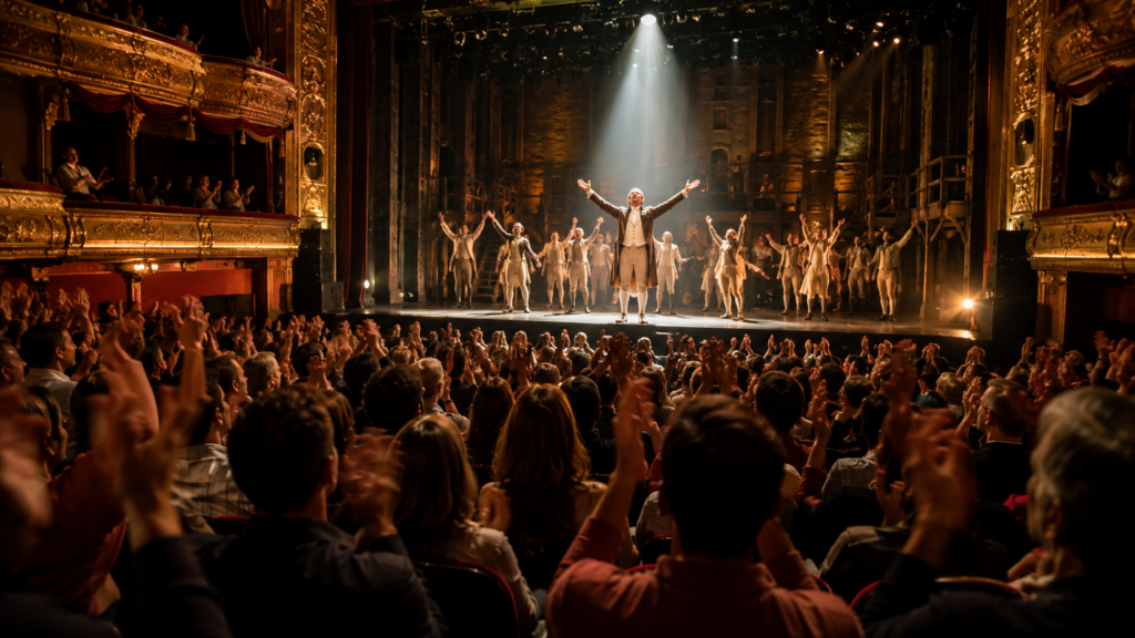 Hamilton-style musical theater production curtain call on a Broadway stage