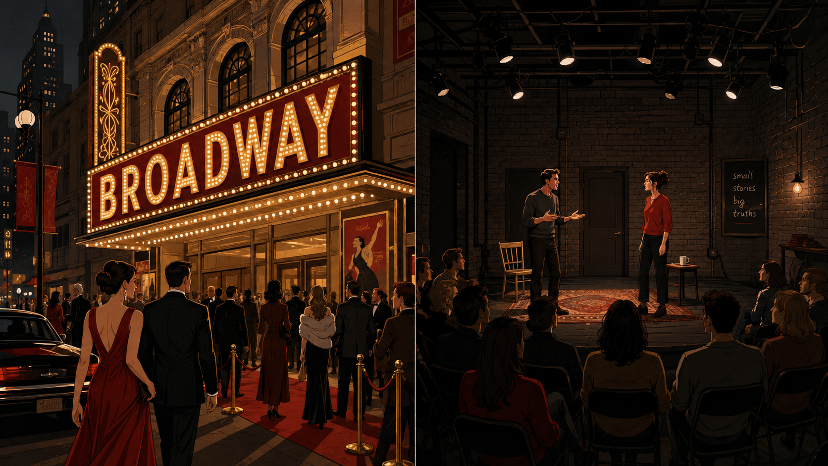 Split illustration: Broadway marquee vs intimate off-Broadway theater