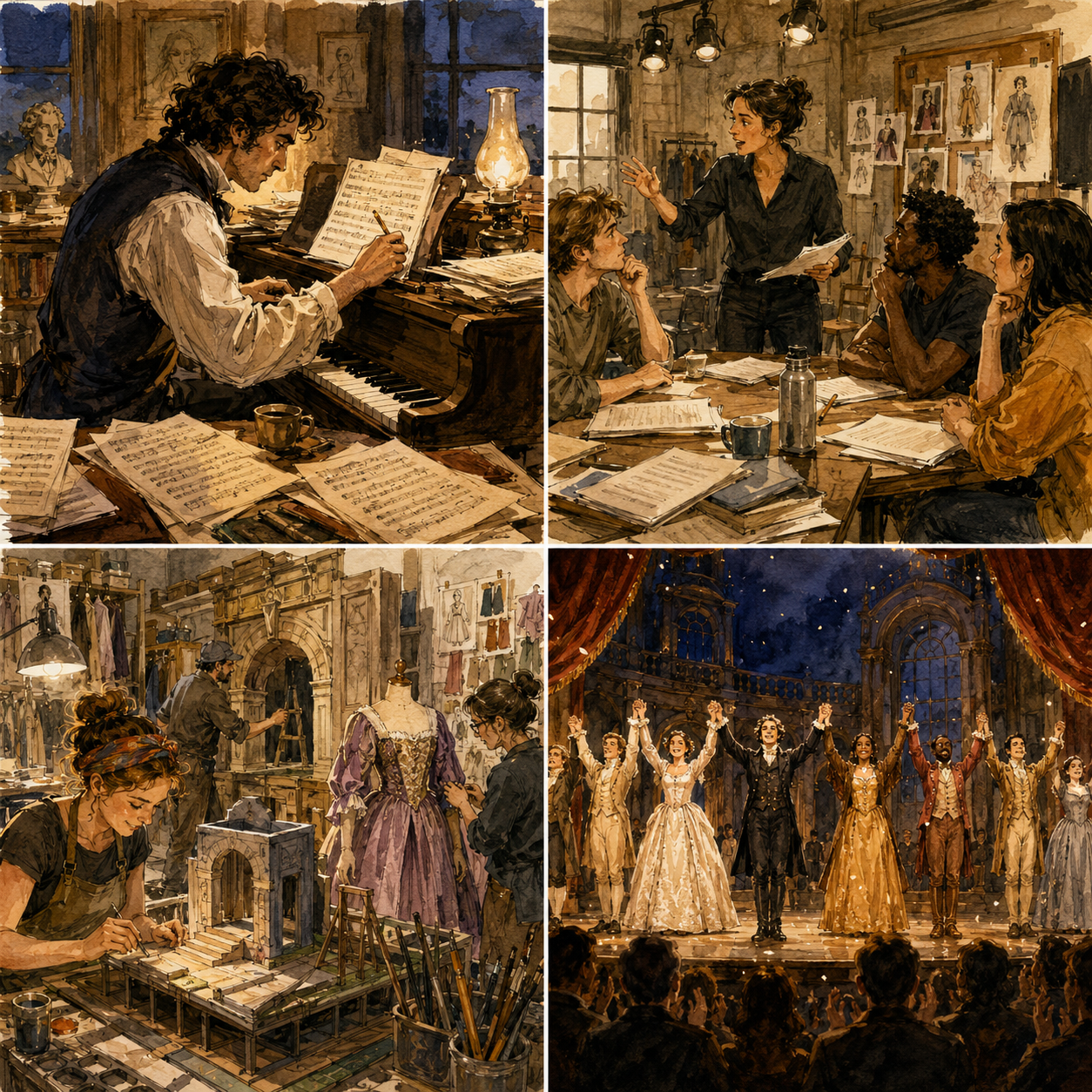 Four-panel watercolor storyboard of a musical theater production lifecycle