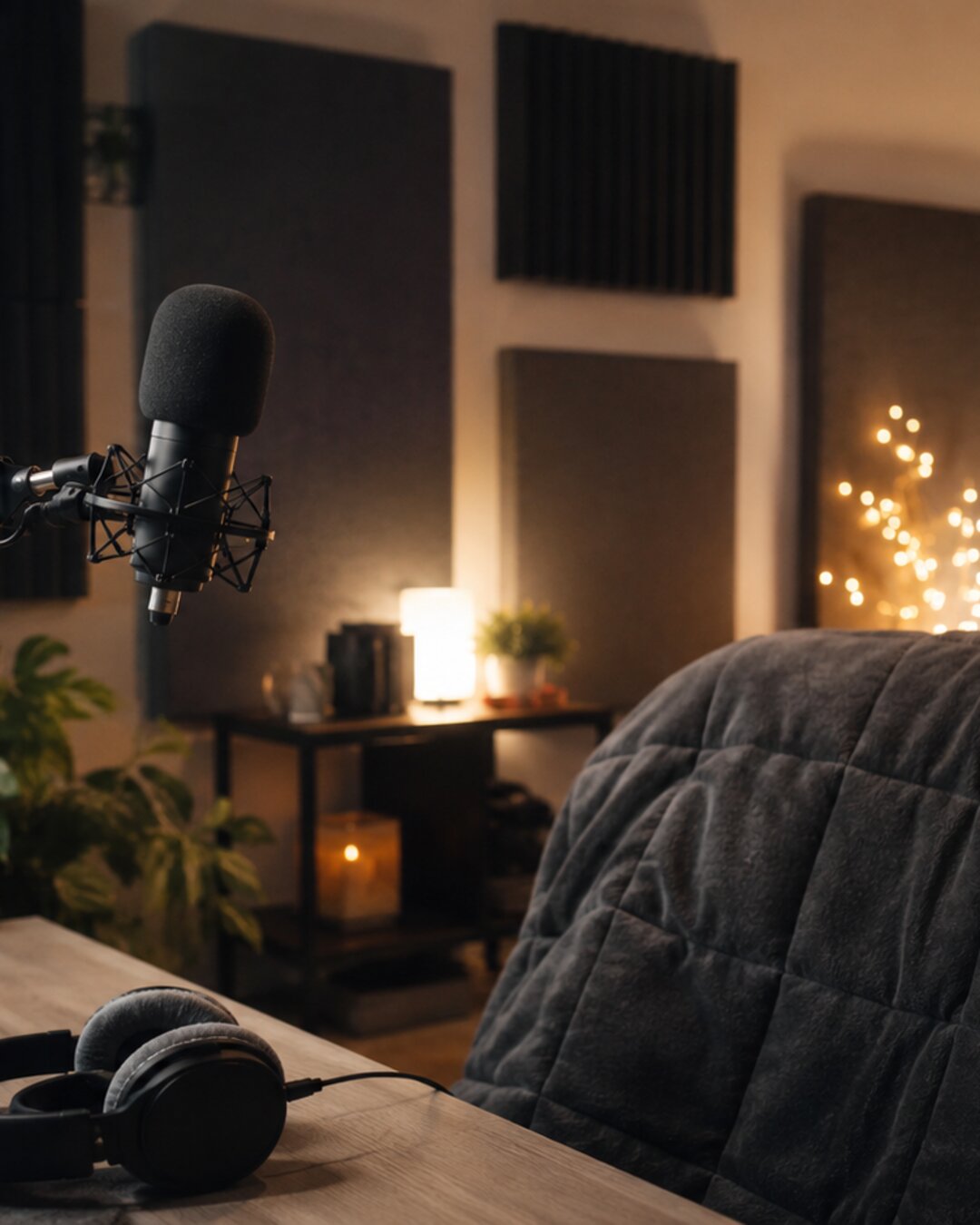 ASMR bedroom studio with acoustic treatment, ring light, and microphone setup