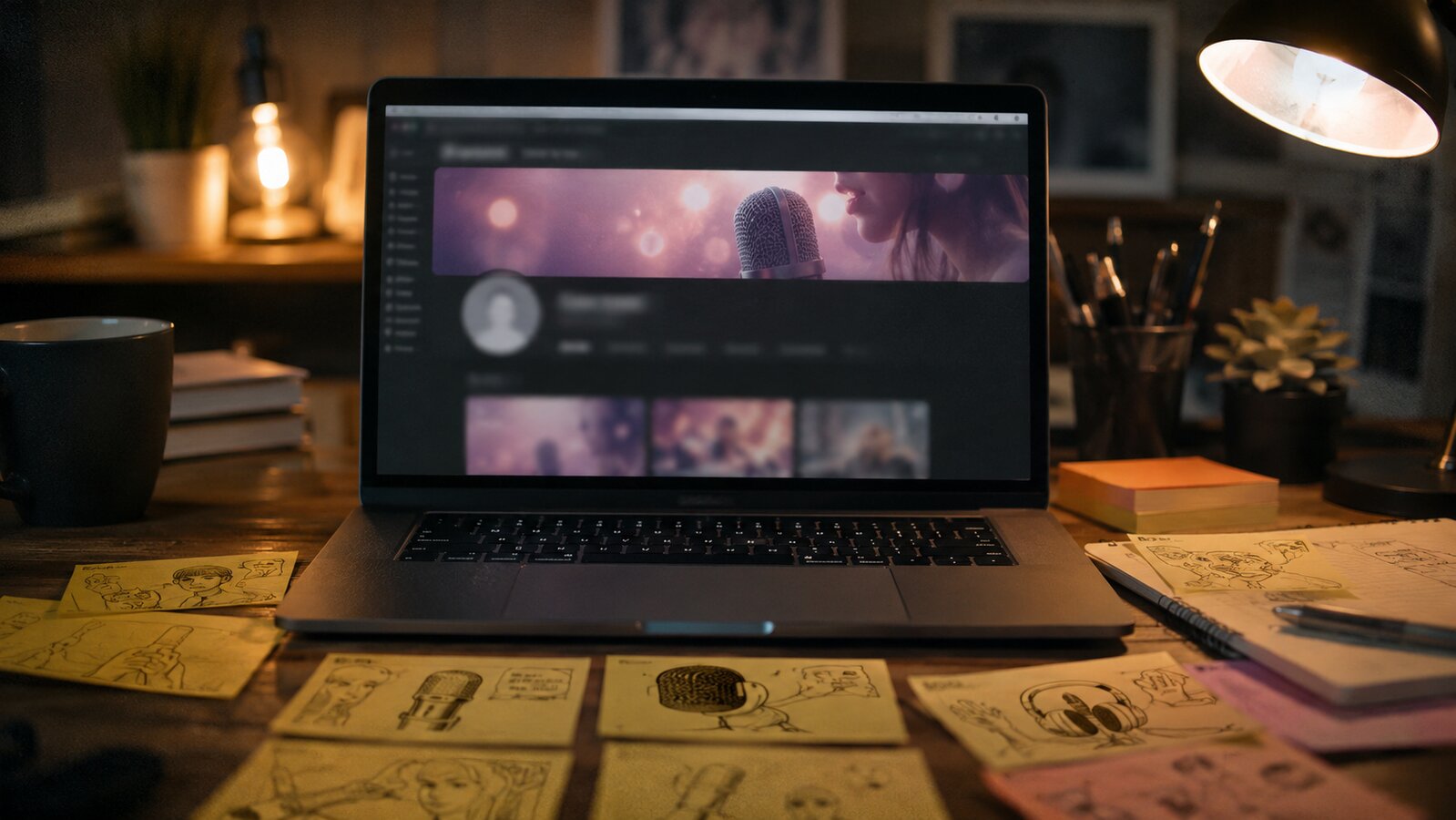 ASMR channel art and thumbnail mock-up on a laptop with sticky-note concepts