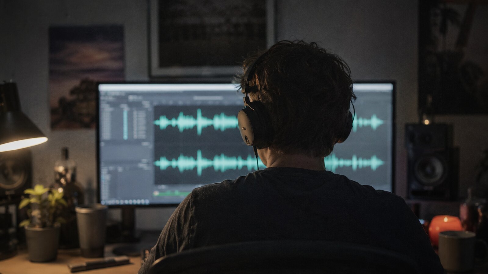 ASMR creator editing audio waveform on a laptop while wearing headphones