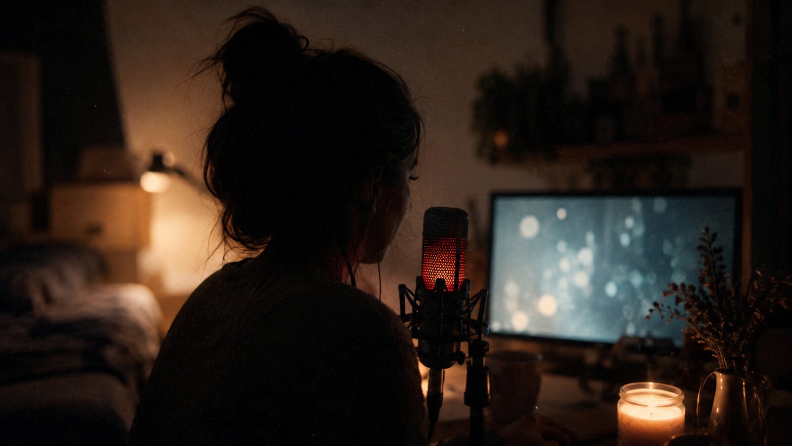 ASMR creator silhouette at a dim desk with microphone and candle