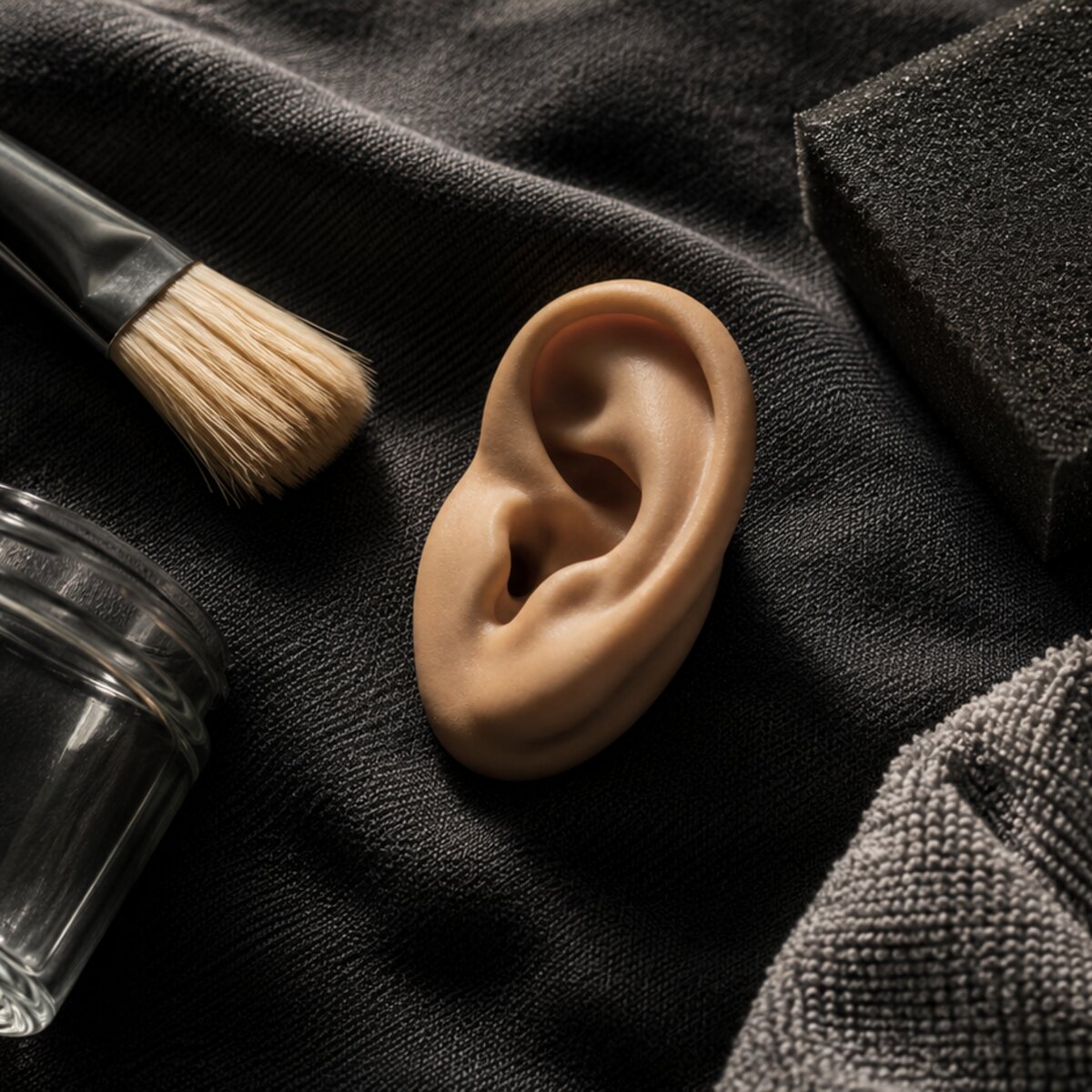 Flat-lay of common ASMR props on dark fabric