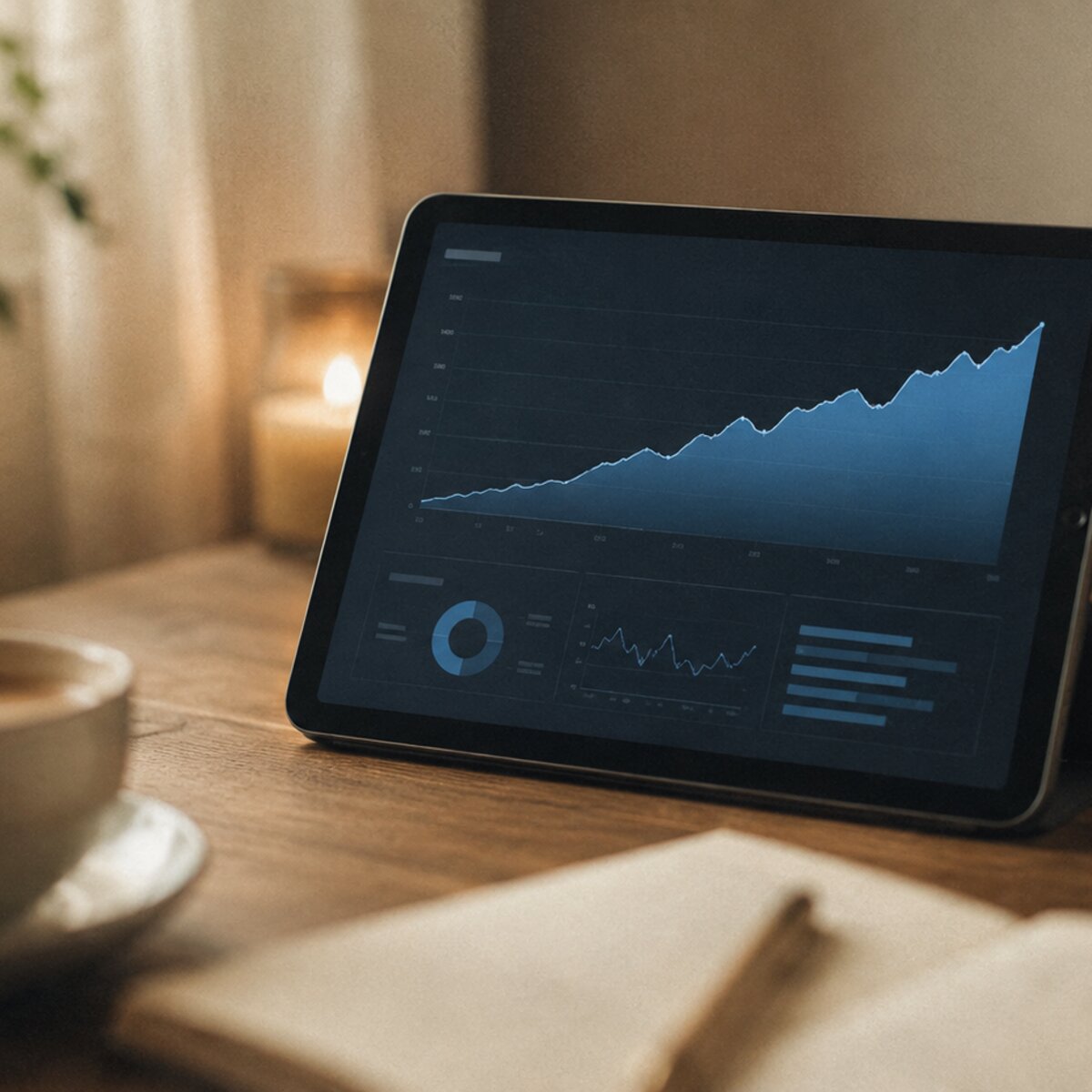 ASMR YouTube analytics graph on a tablet showing a steady upward curve