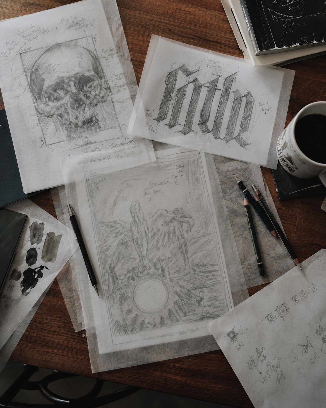 Band merch designer sketches with skull, typography, and tour poster comps