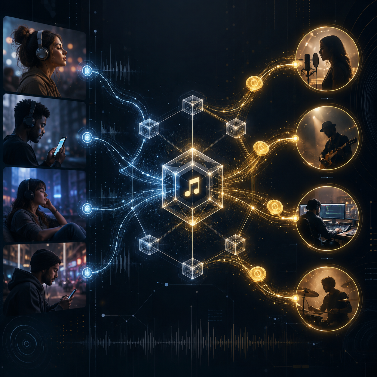 Large concert crowd overlaid with a blockchain network connecting live performance, rights management, and music business stakeholders.