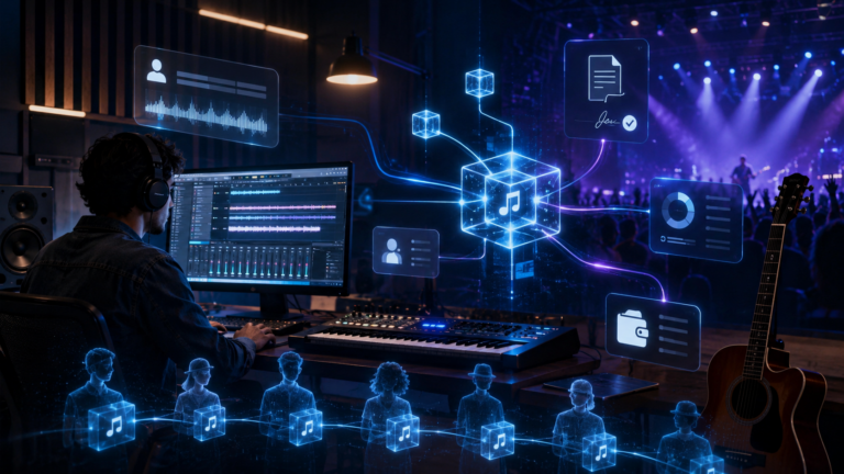 Diagram showing artists, producers, and listeners connected through a blockchain-based music rights and royalty network.