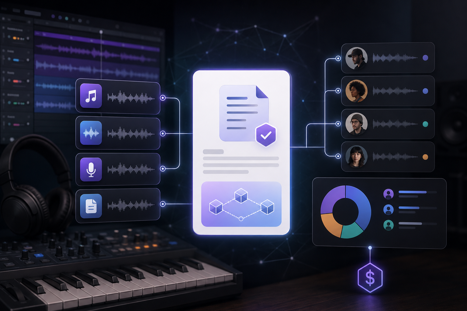 Visual showing album art, waveform data, identity verification, and protected music ownership records linked through blockchain.