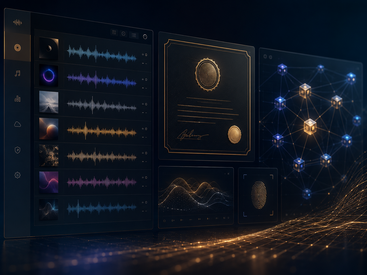 Producer workstation connected to blockchain payment, royalty, identity, and rights modules with live music visuals in the background.