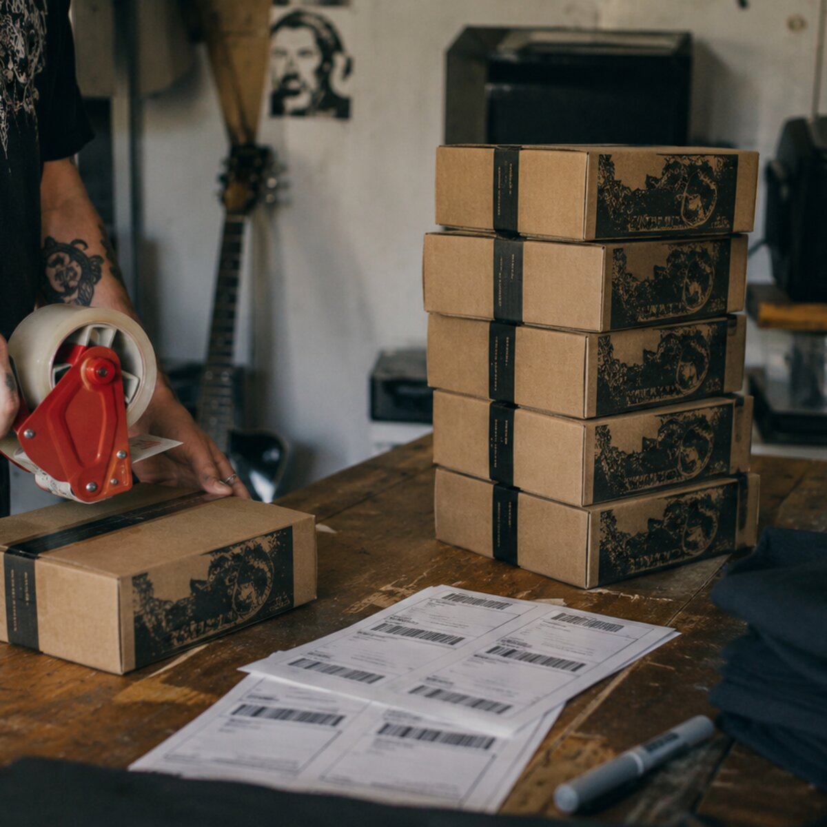 Stack of branded band mailer boxes in a home garage with packing tape