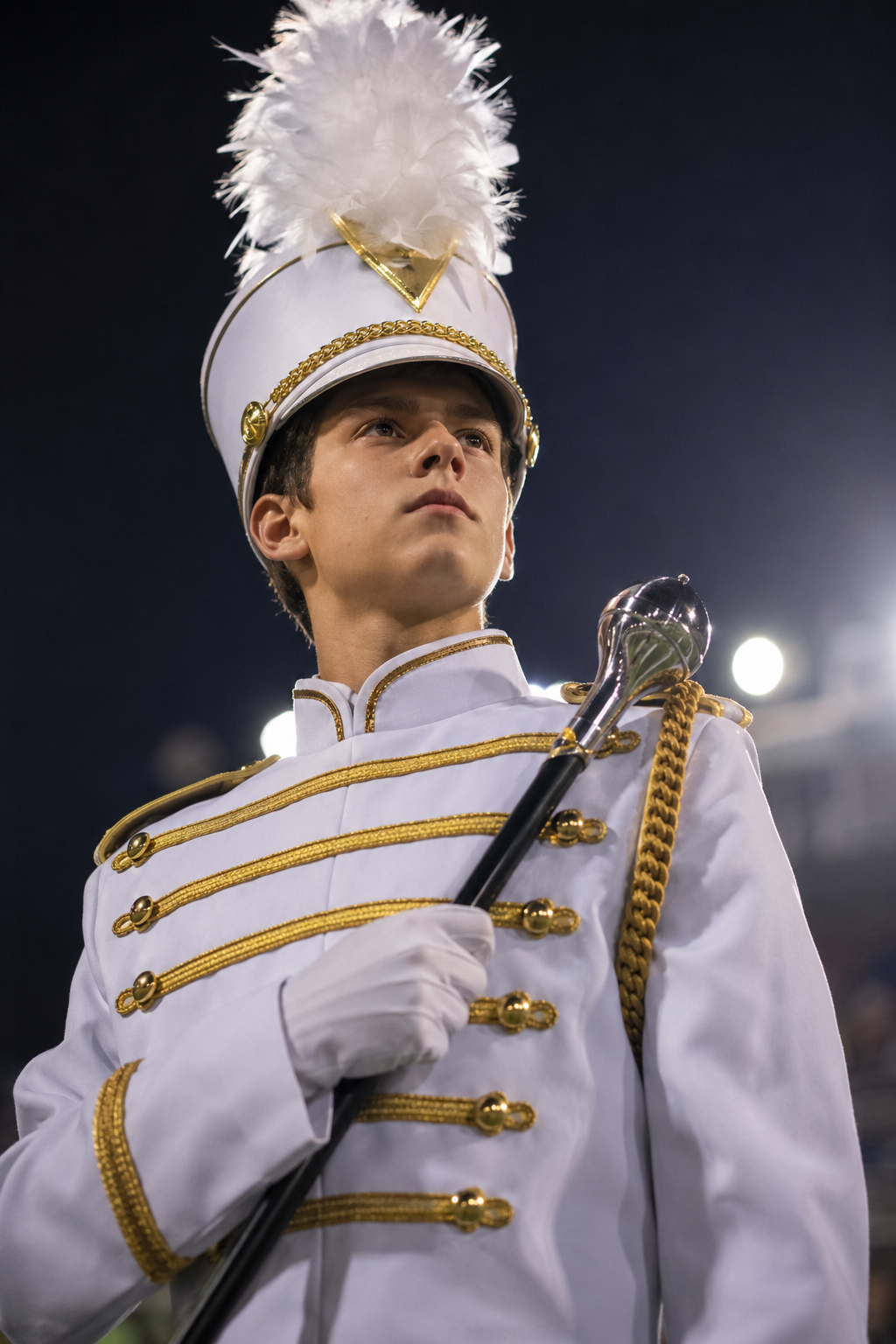 Portrait of a high school drum major in a white military-style uniform with gold braid and tall white plumed shako, holding a silver-tipped mace baton across the chest, stadium-lights bokeh behind