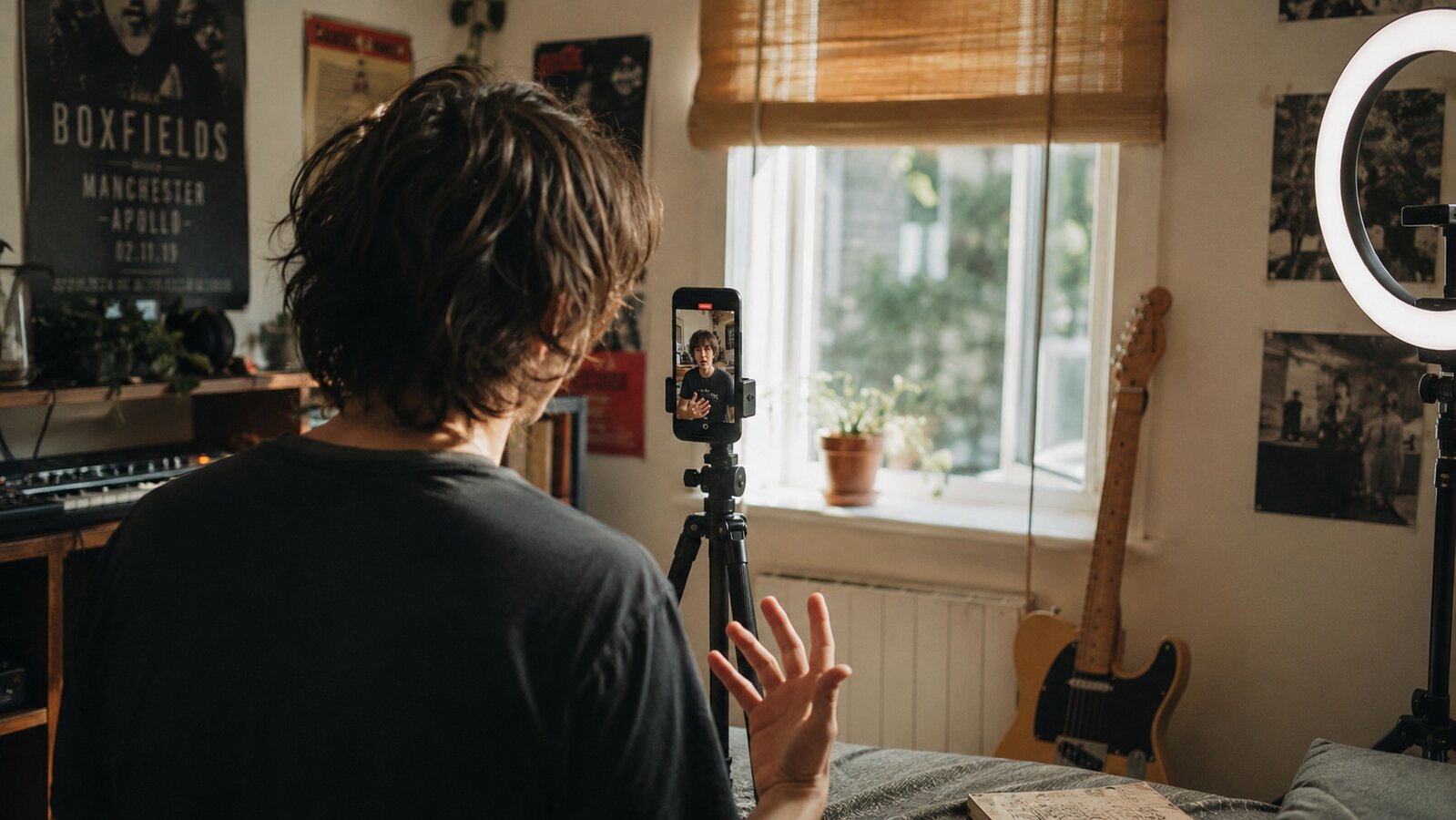 Drummer being filmed mid-fill on a gimbal for Instagram content