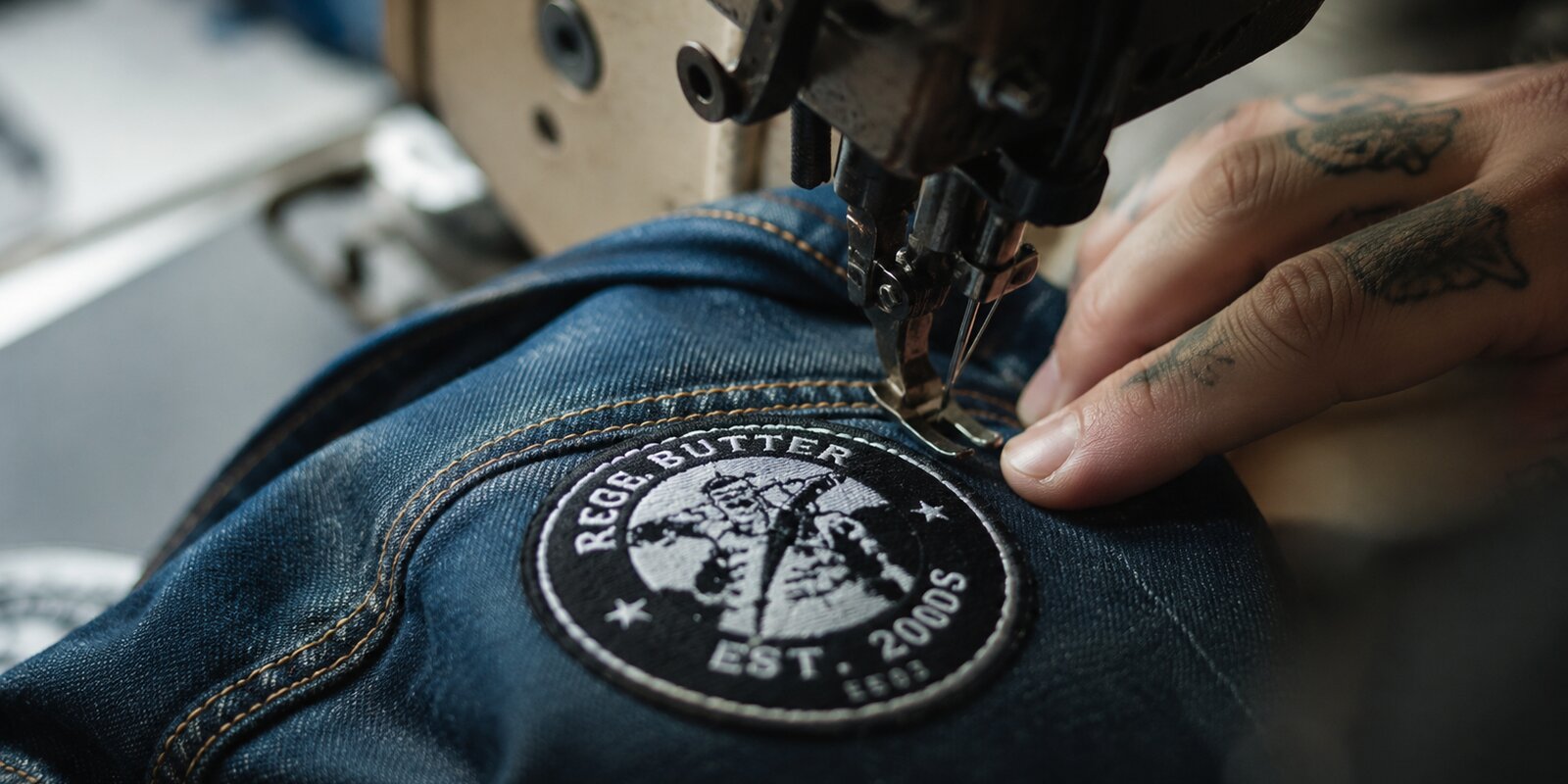 Embroidered band patch being stitched onto a denim jacket sleeve