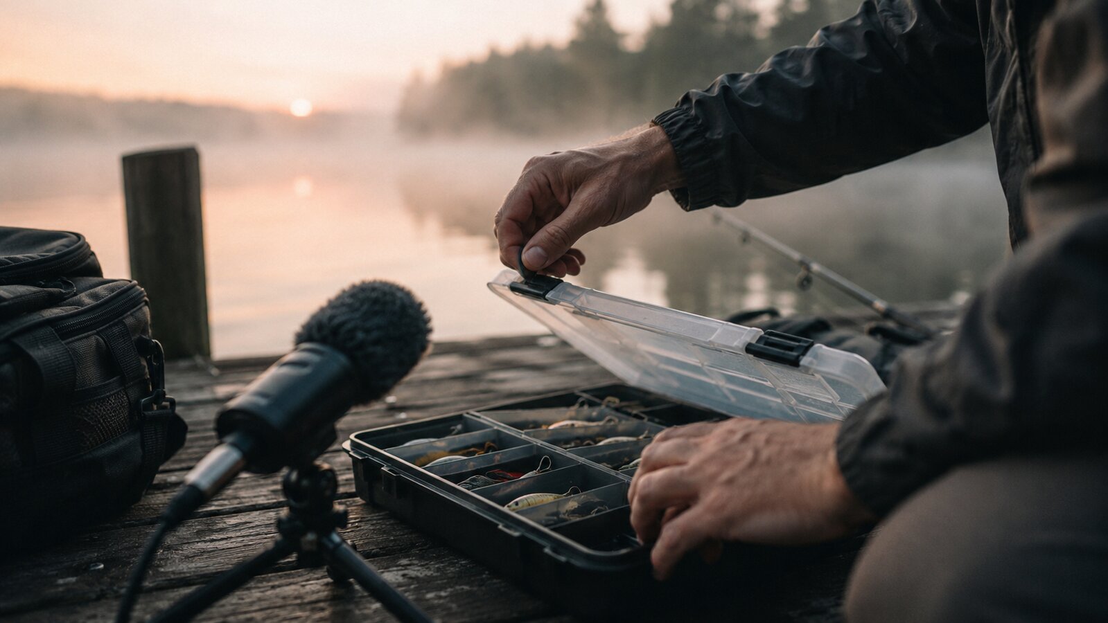 Fishing ASMR creator at dawn opening a tackle box on a quiet dock