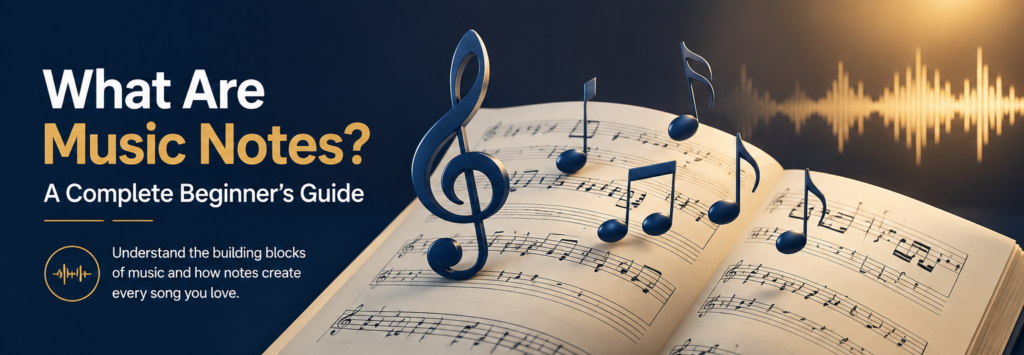 What Are Music Notes? A Complete Beginner's Guide — open sheet music book with floating notes