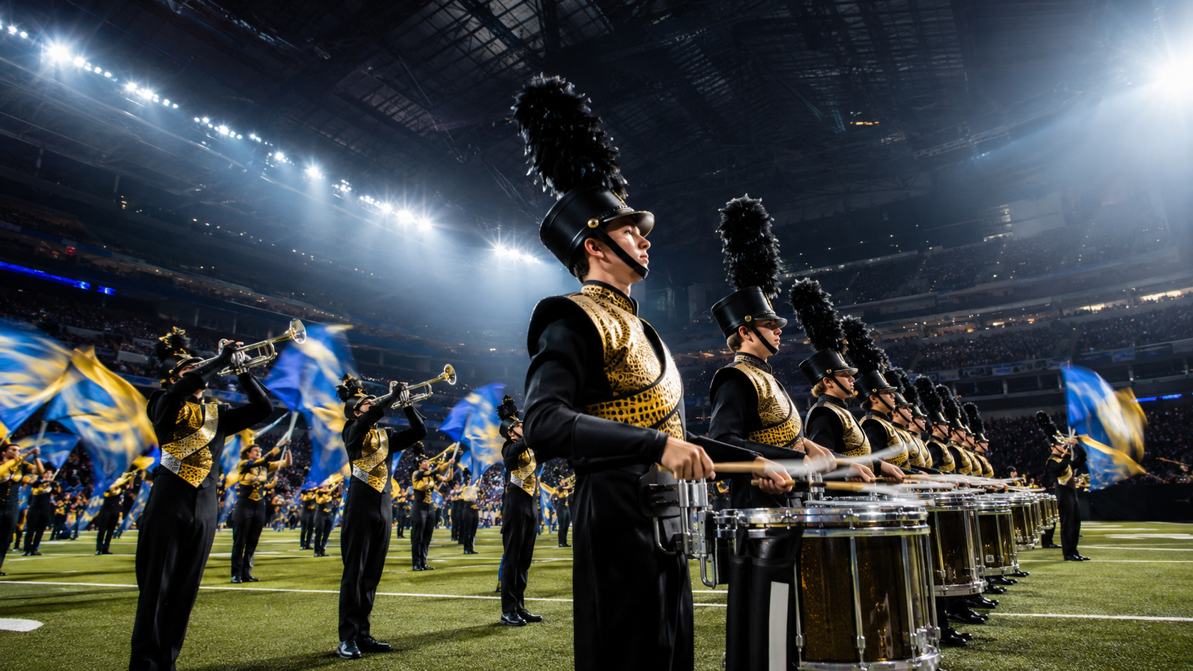 High school marching band performing under intense bright stadium lights at a national championship, color guard flags in blue and gold mid-spin, drum line and brass section visible mid-performance