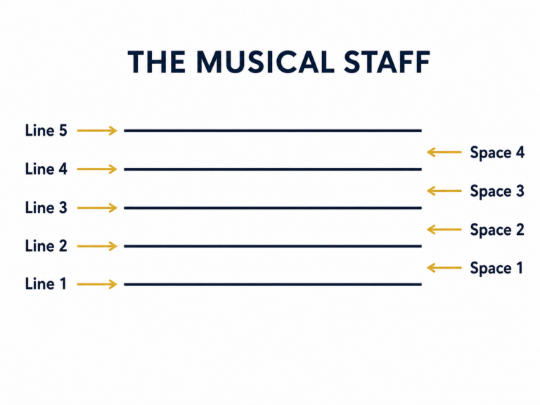Diagram of the 5-line musical staff with lines numbered 1 through 5 and spaces numbered 1 through 4