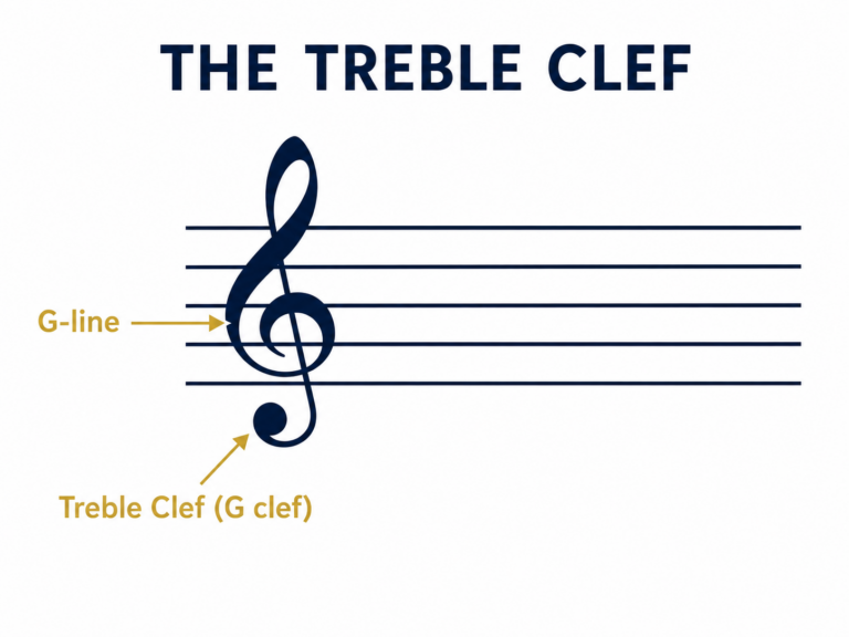 Treble clef symbol drawn on the music staff with the G line labeled