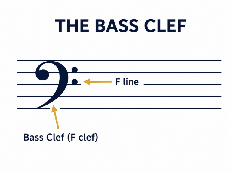 Bass clef symbol drawn on the music staff with the F line labeled