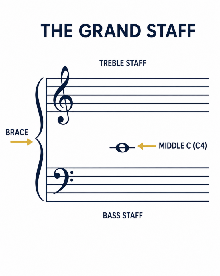 Grand staff with treble and bass clef joined by a brace and middle C labeled on the ledger line between them