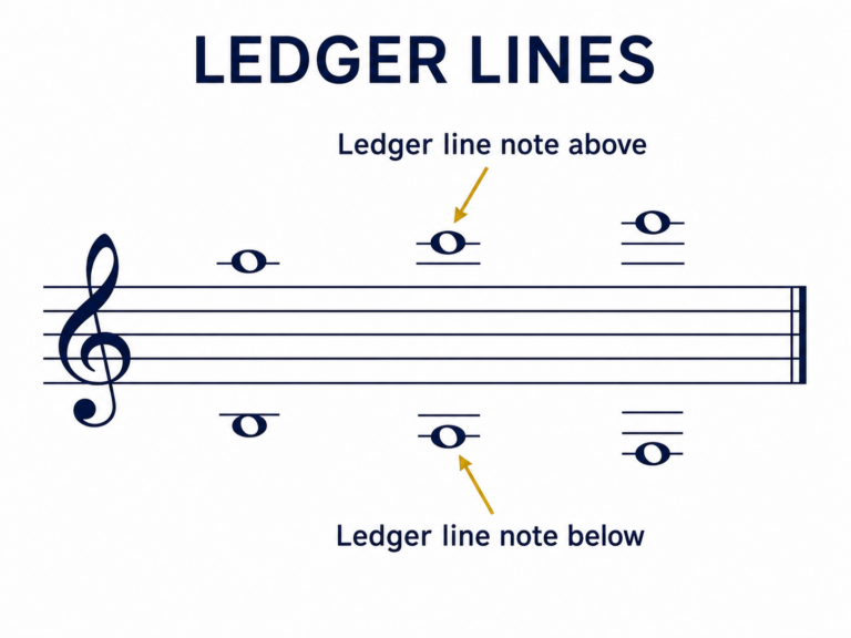 Ledger lines extending above and below the music staff with whole notes drawn on them