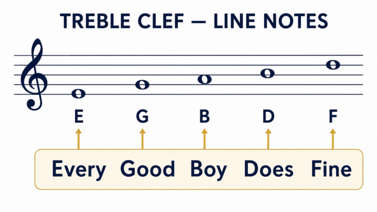 Treble clef line notes labeled E G B D F with the mnemonic Every Good Boy Does Fine
