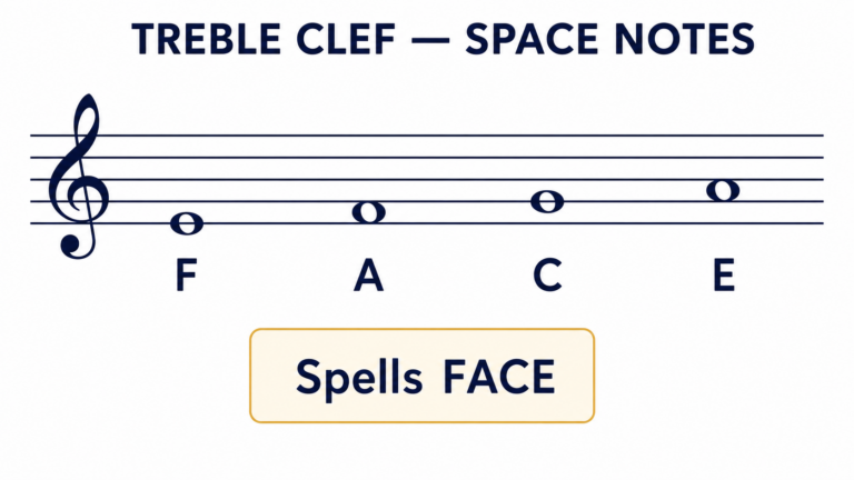Treble clef space notes labeled F A C E spelling the word FACE