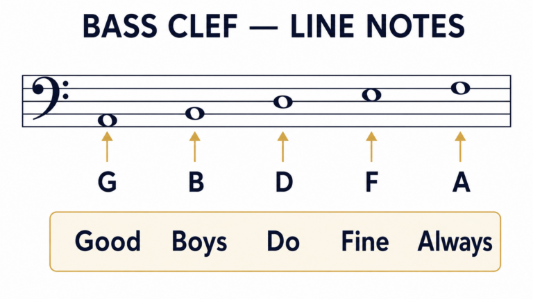 Bass clef line notes labeled G B D F A with the mnemonic Good Boys Do Fine Always