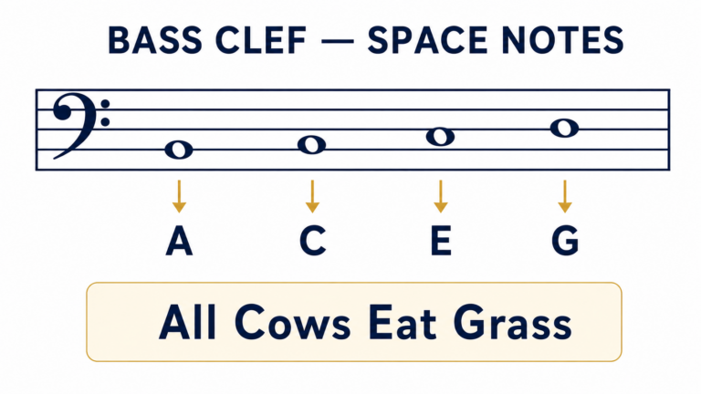 Bass clef space notes labeled A C E G with the mnemonic All Cows Eat Grass